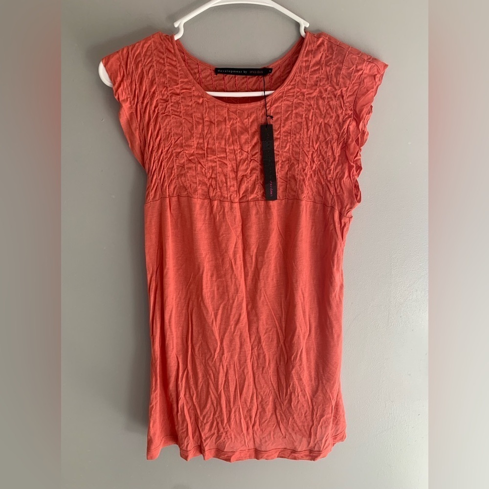 Womens Development by Erica Davies Coral Short Flutter Sleeve Smock Neck Top L